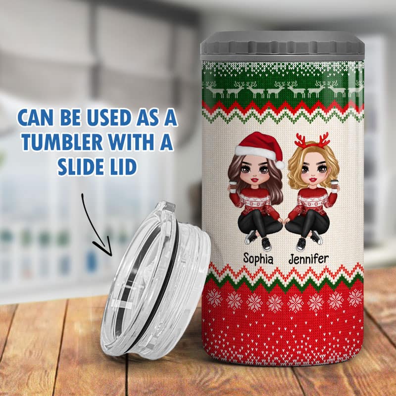 Besties Sisters Christmas Ugly Sweater Pattern Personalized 4 In 1 Can Cooler - Image 9