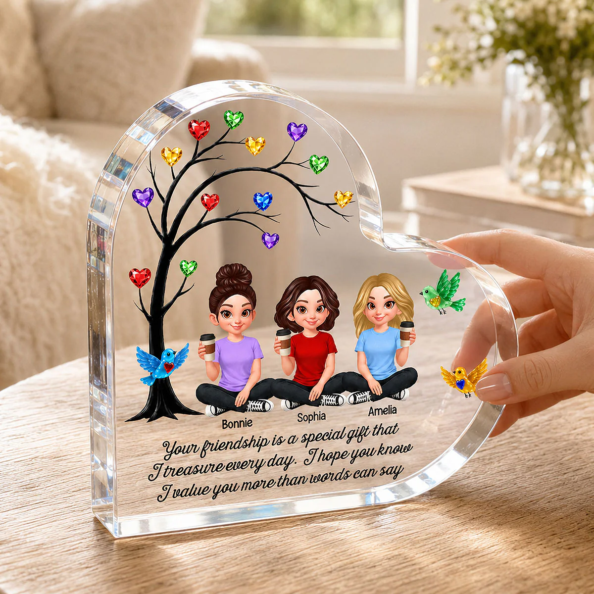 Besties Sisters Colorful Stone Tree - Personalized Heart Acrylic Block - Gift For Besties, Sisters, Best Friends - Image 2