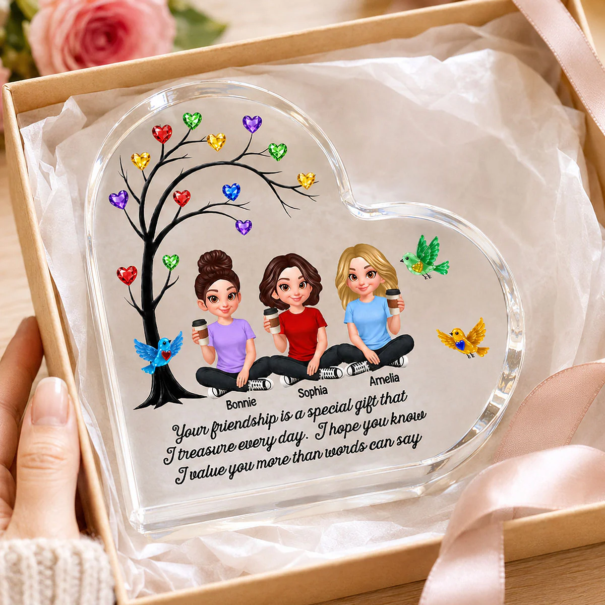 Besties Sisters Colorful Stone Tree - Personalized Heart Acrylic Block - Gift For Besties, Sisters, Best Friends - Image 3