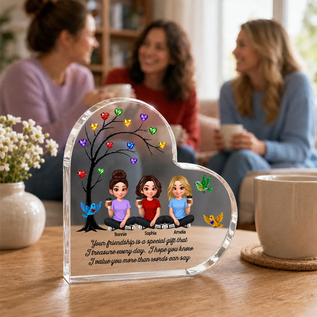 Besties Sisters Colorful Stone Tree - Personalized Heart Acrylic Block - Gift For Besties, Sisters, Best Friends - Image 4