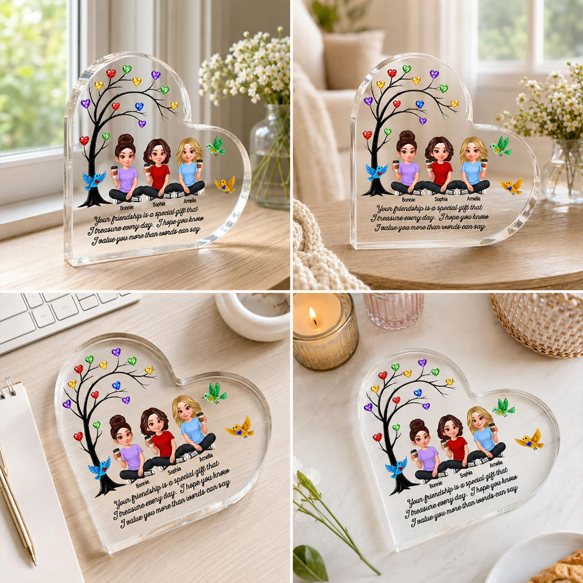 Besties Sisters Colorful Stone Tree - Personalized Heart Acrylic Block - Gift For Besties, Sisters, Best Friends - Image 6