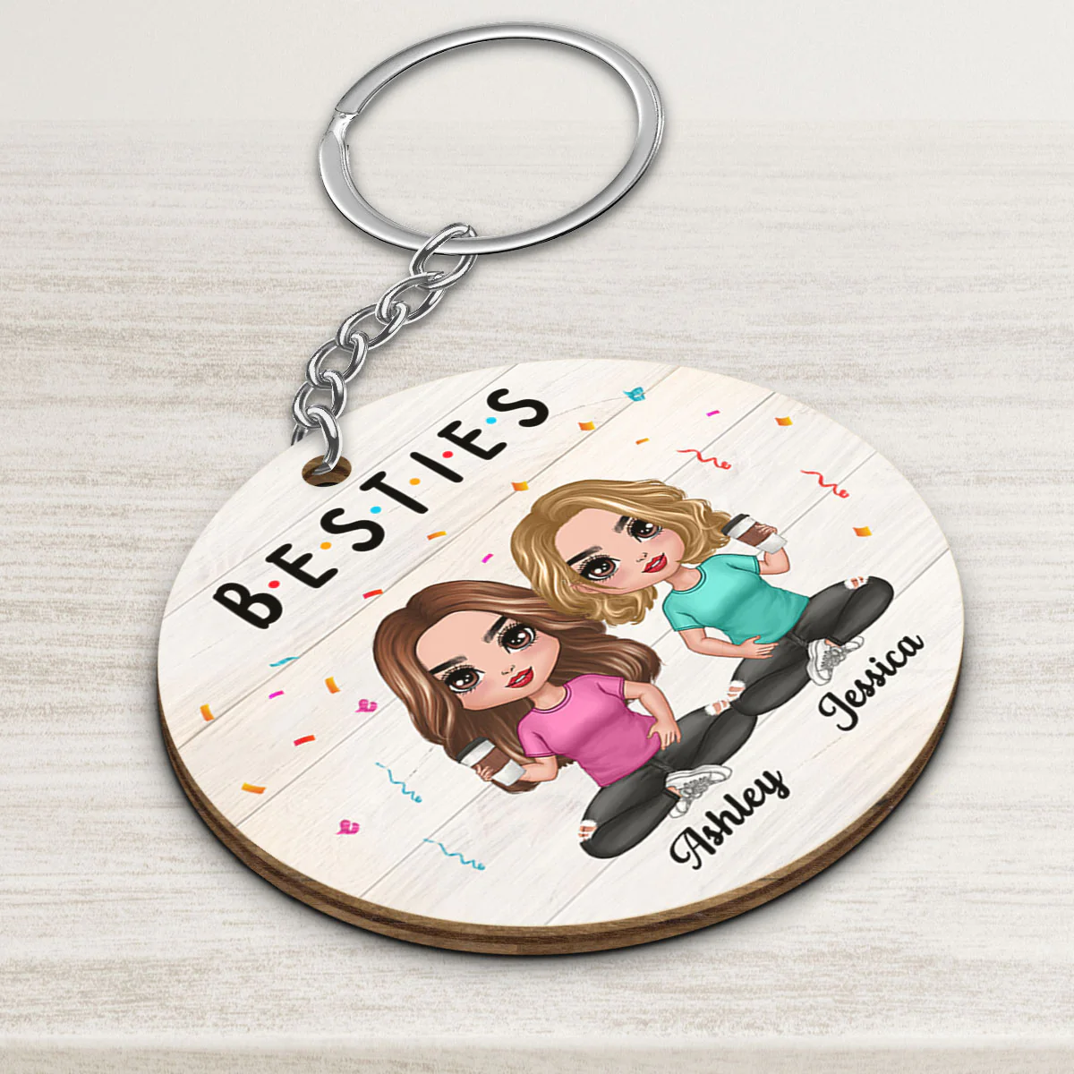 Besties Sisters Doll Women Sitting Personalized Wooden Keychain - Image 3
