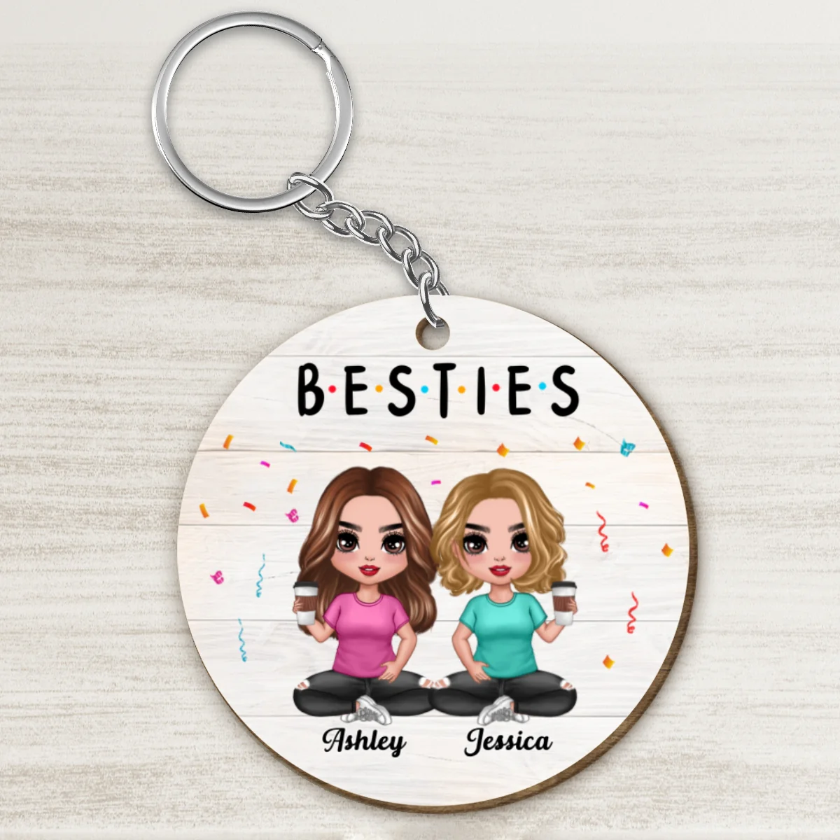 Besties Sisters Doll Women Sitting Personalized Wooden Keychain - Image 4