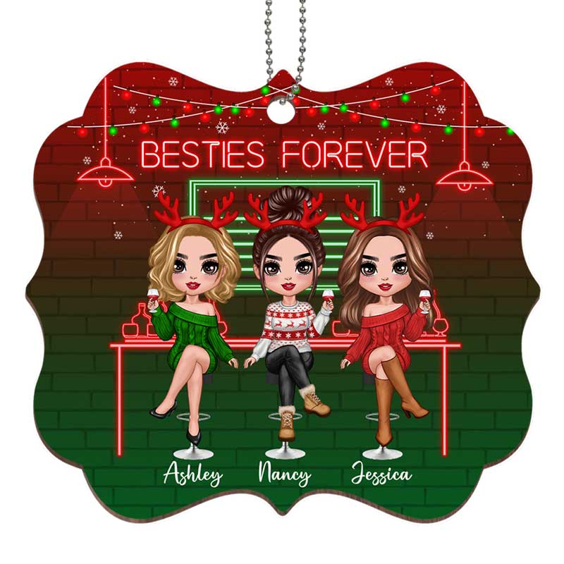 Besties Sisters Drinking Personalized Wooden Ornament