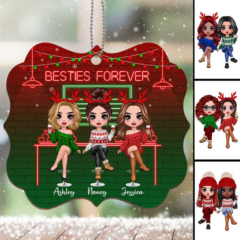 Besties Sisters Drinking Personalized Wooden Ornament - Image 3