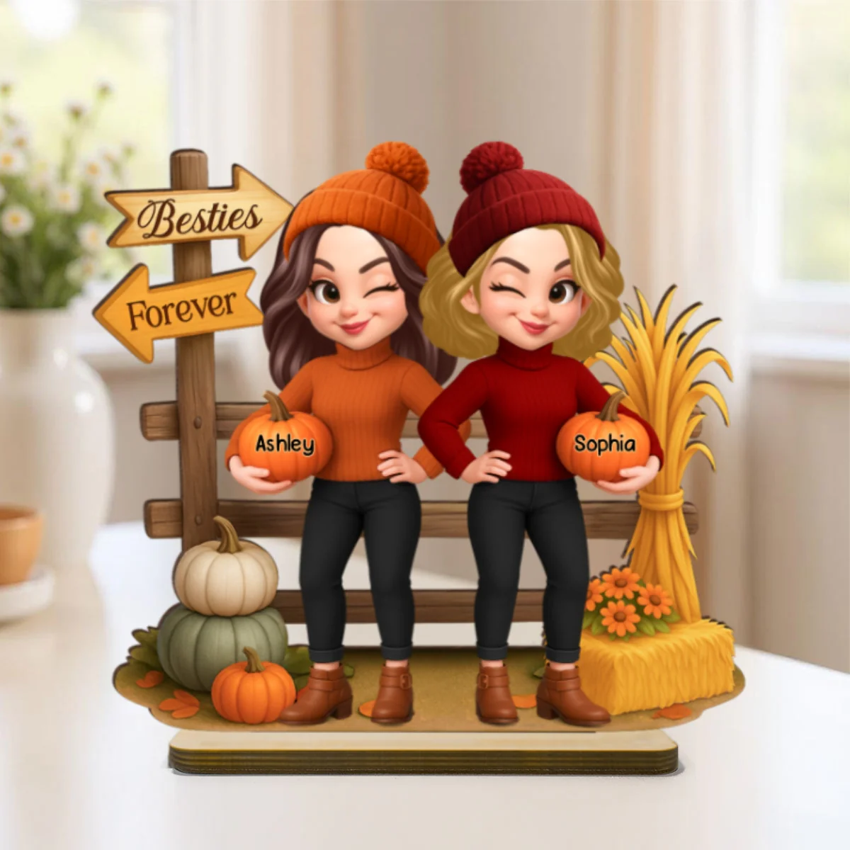 Besties Sisters Fall Season Fence Pumpkin Patch Personalized Standing Wooden Plaque - Image 11