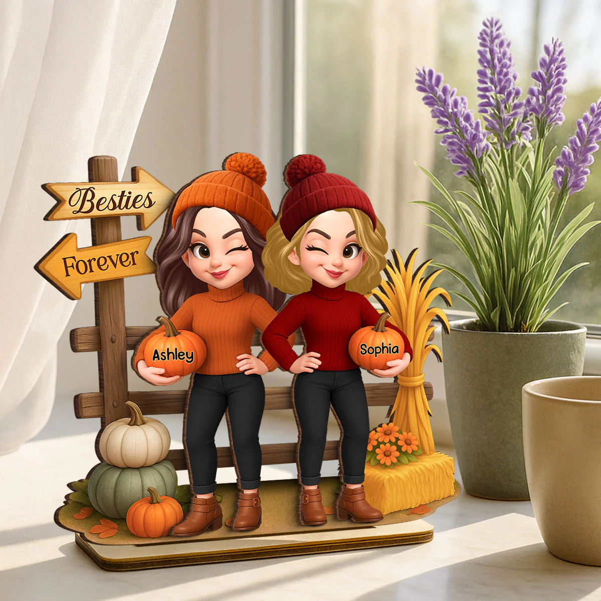 Besties Sisters Fall Season Fence Pumpkin Patch Personalized Standing Wooden Plaque - Image 2