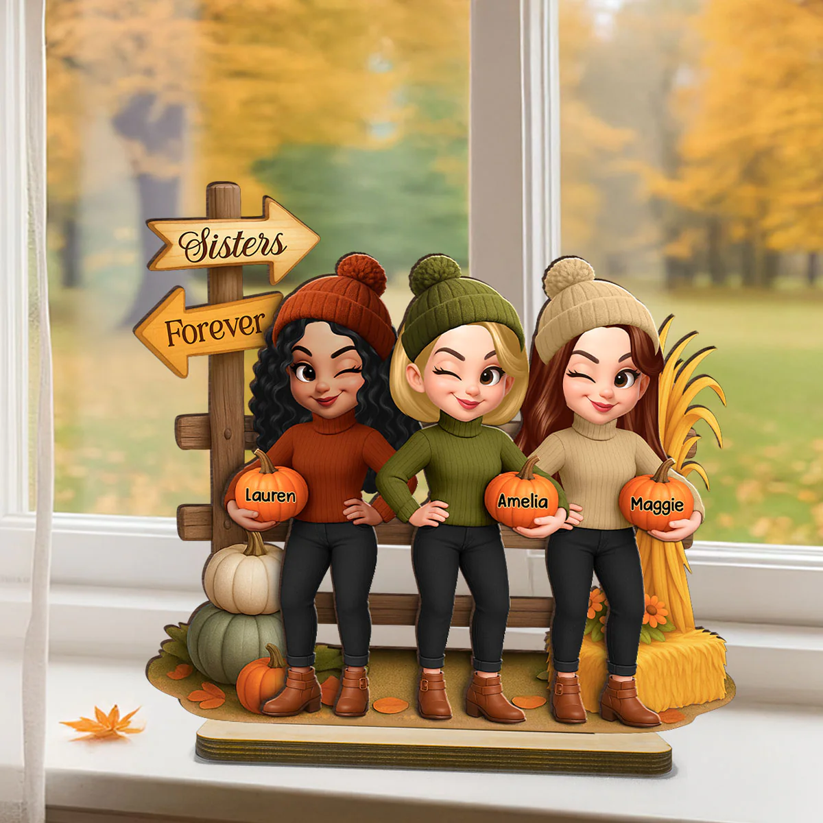 Besties Sisters Fall Season Fence Pumpkin Patch Personalized Standing Wooden Plaque - Image 3