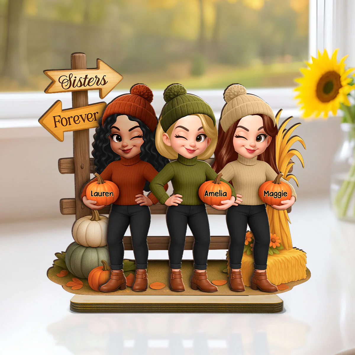 Besties Sisters Fall Season Fence Pumpkin Patch Personalized Standing Wooden Plaque - Image 4