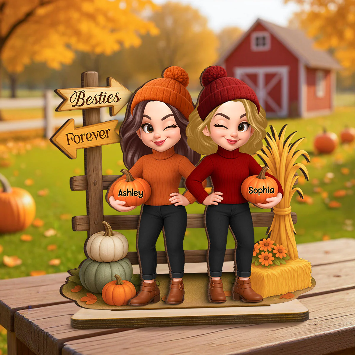 Besties Sisters Fall Season Fence Pumpkin Patch Personalized Standing Wooden Plaque - Image 5