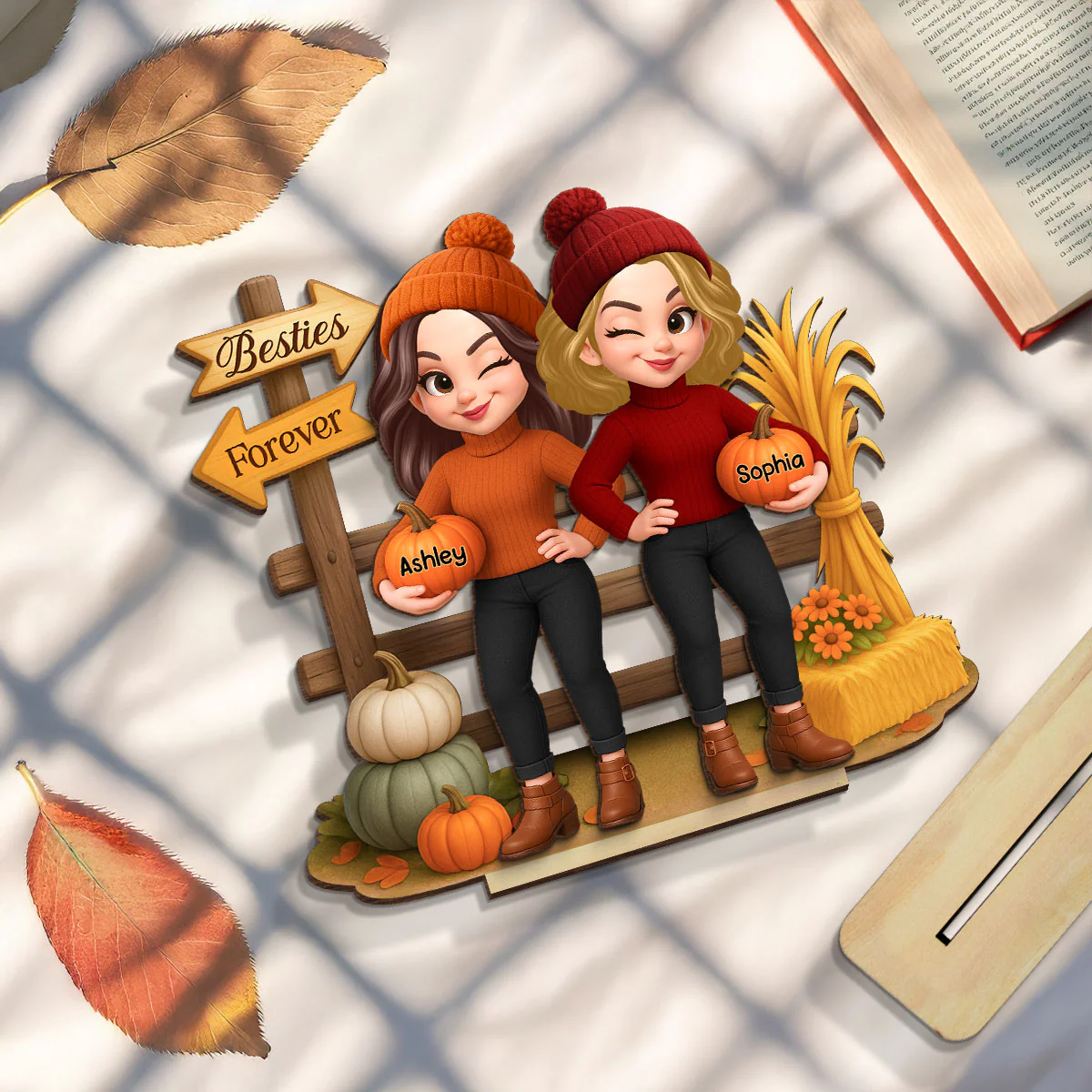Besties Sisters Fall Season Fence Pumpkin Patch Personalized Standing Wooden Plaque - Image 6