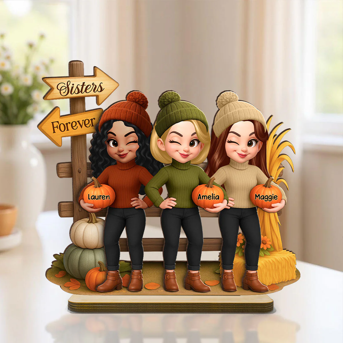 Besties Sisters Fall Season Fence Pumpkin Patch Personalized Standing Wooden Plaque - Image 7