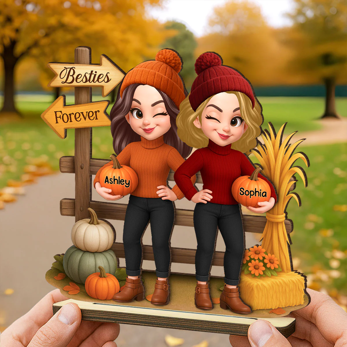 Besties Sisters Fall Season Fence Pumpkin Patch Personalized Standing Wooden Plaque - Image 8