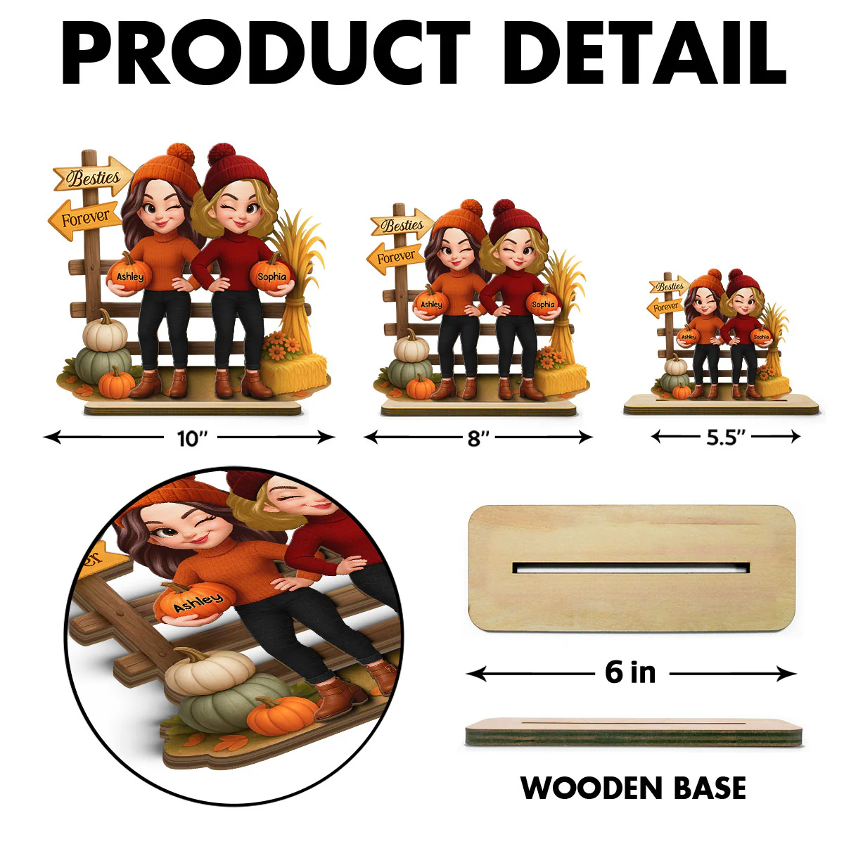 Besties Sisters Fall Season Fence Pumpkin Patch Personalized Standing Wooden Plaque - Image 9