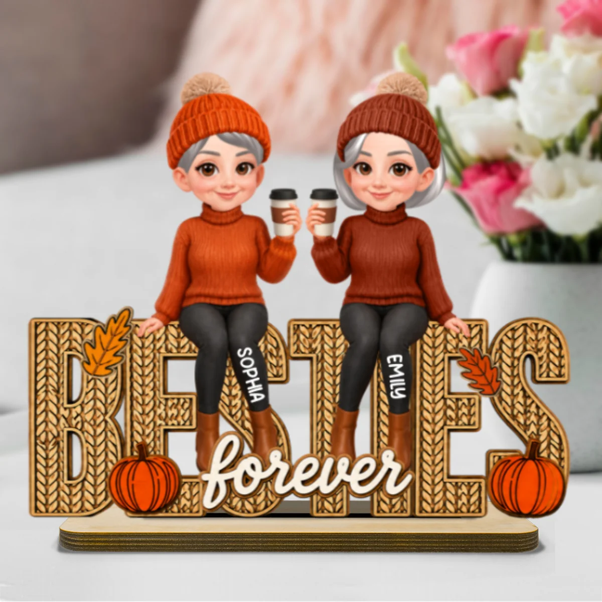 Besties Sisters Fall Season Knit Pattern - Personalized Wooden Plaque - Image 10