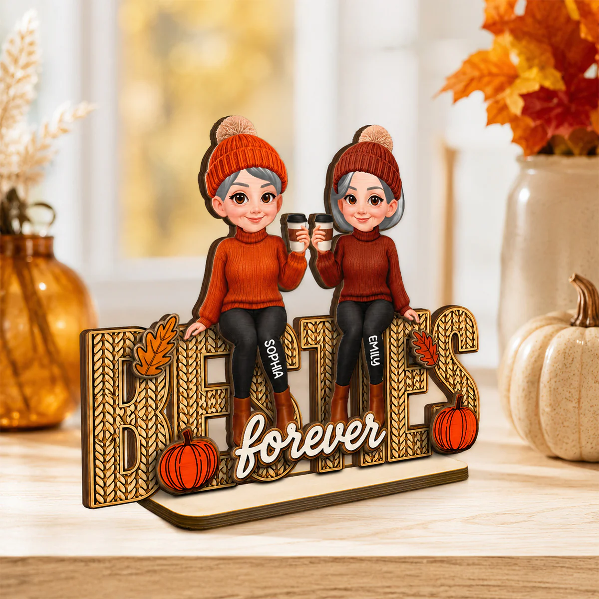 Besties Sisters Fall Season Knit Pattern - Personalized Wooden Plaque - Image 2