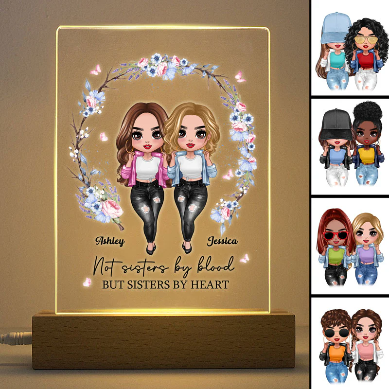 Besties Sisters Floral Wreath Personalized Plaque LED Night Light - Image 2