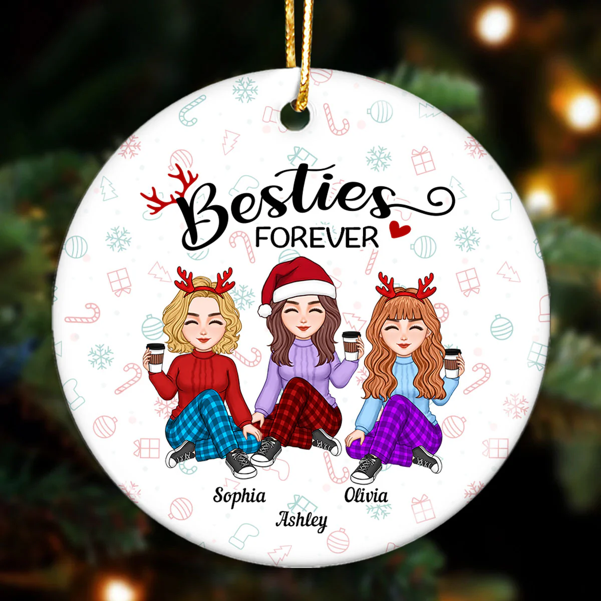 Besties Sisters Forever Christmas Colorful Cute Besties Personalized Circle Ornament - Image 2