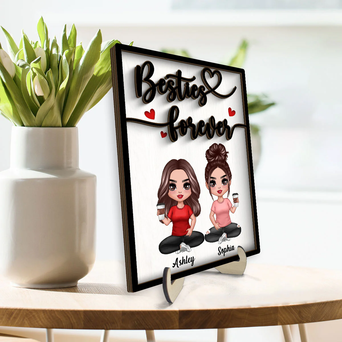 Besties Sisters Forever Gift For Best Friends Sisters Personalized 2-Layer Wooden Plaque - Image 3