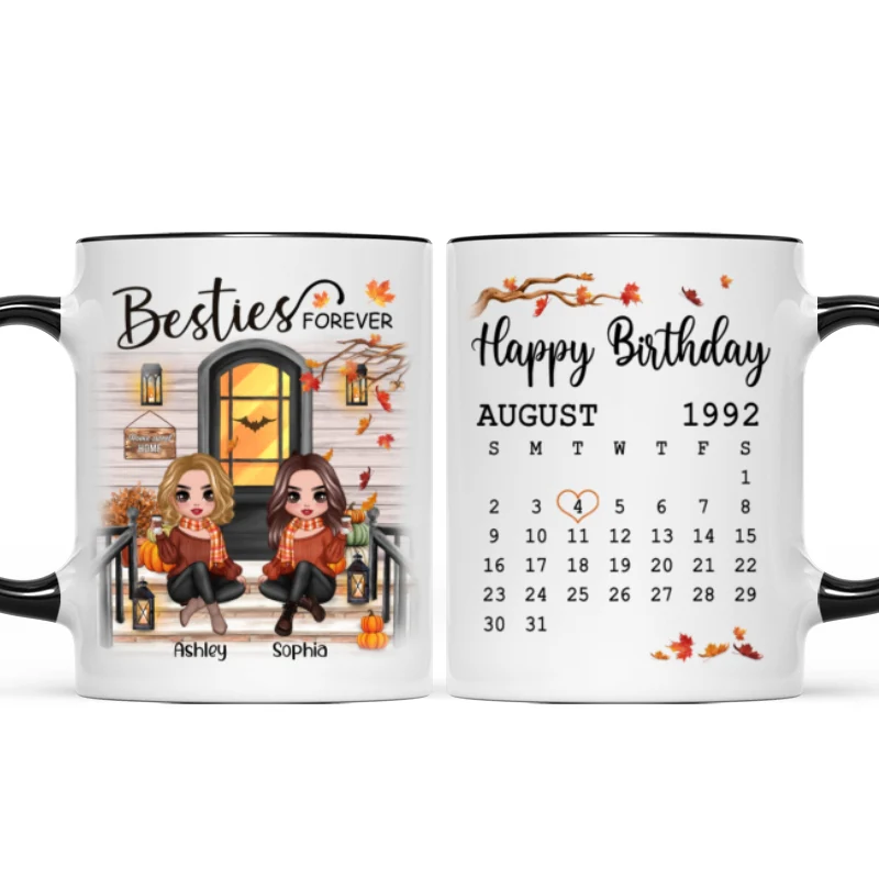 Besties Sisters Forever Happy Birthday Calendar Doll Girl Sitting Fall Season Front Porch Personalized Mug - Image 4