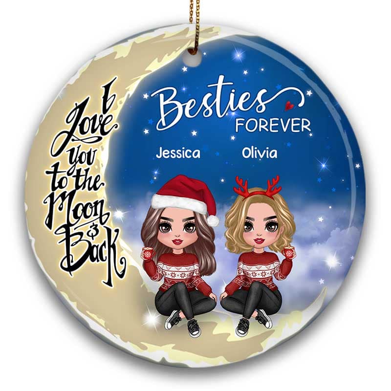 Besties Sisters Forever Sitting On Moon Personalized Circle Ornament