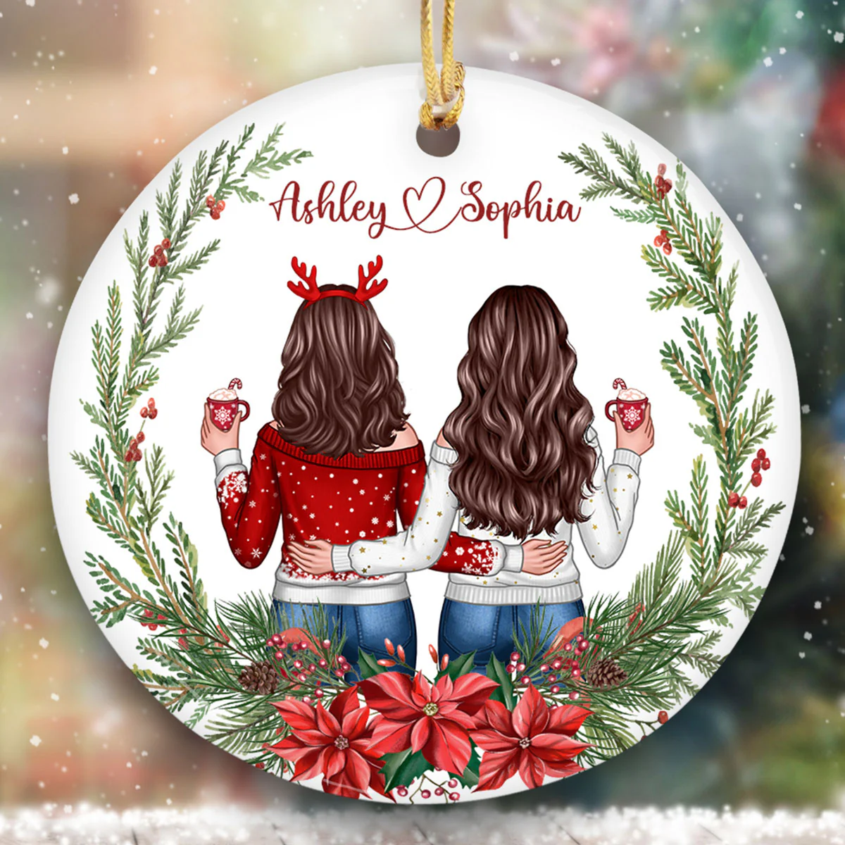 Besties Sisters Friends Back View Christmas Wreath Personalized Circle Ornament - Image 2