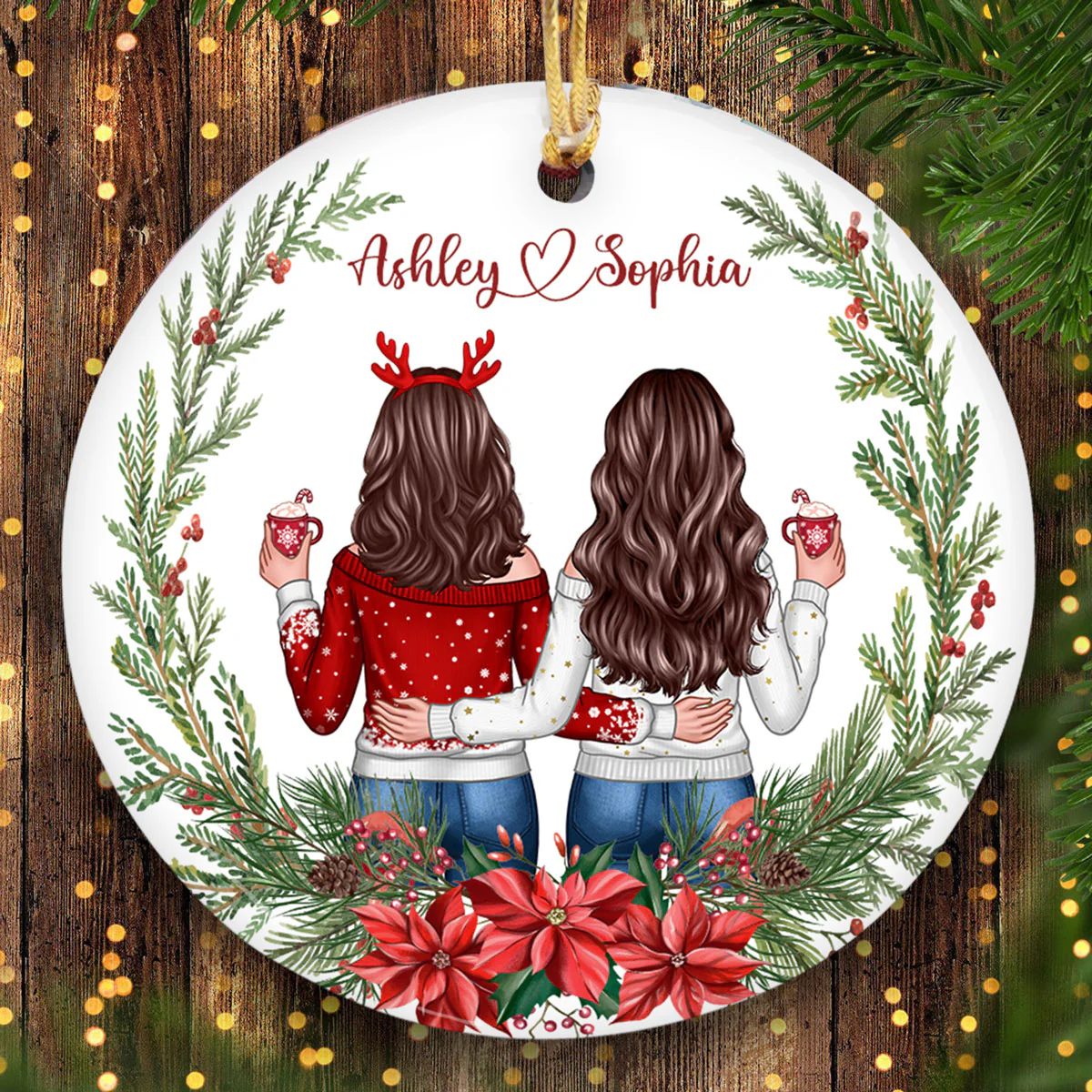Besties Sisters Friends Back View Christmas Wreath Personalized Circle Ornament - Image 3