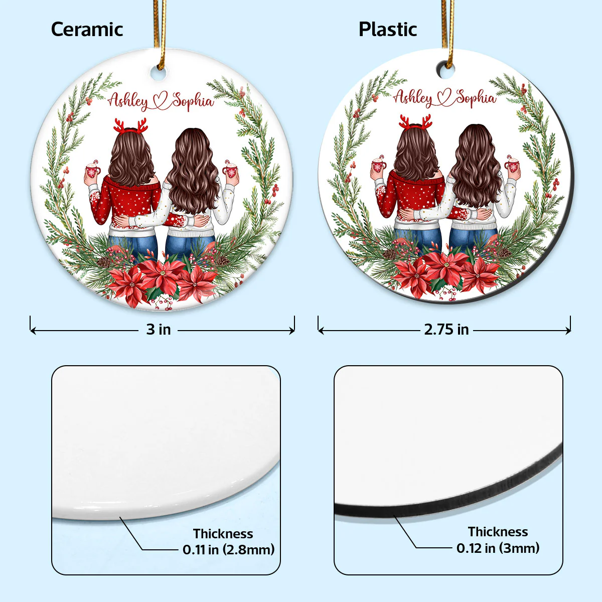 Besties Sisters Friends Back View Christmas Wreath Personalized Circle Ornament - Image 4