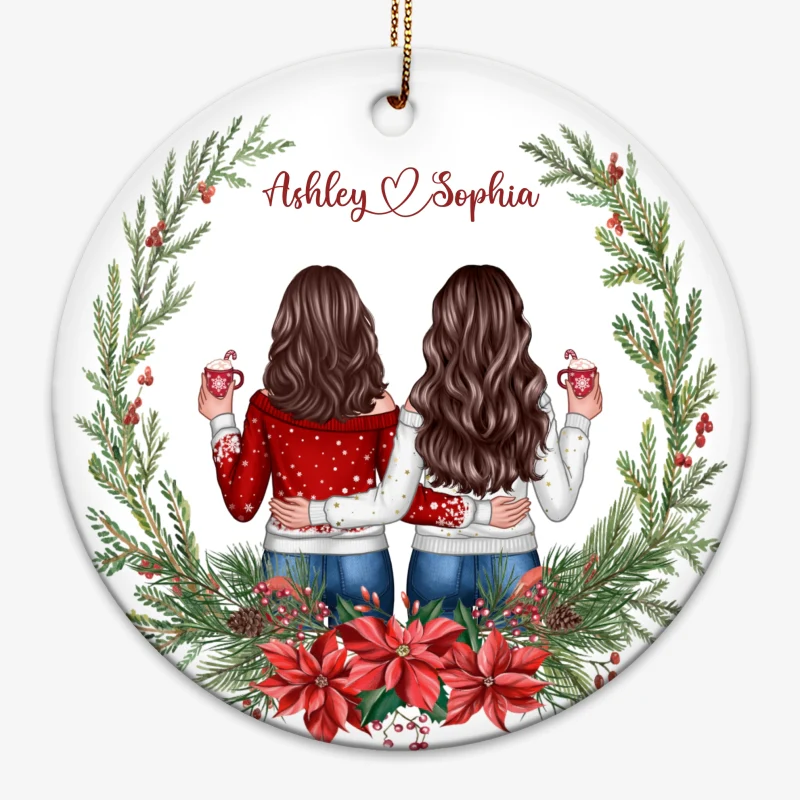 Besties Sisters Friends Back View Christmas Wreath Personalized Circle Ornament - Image 5