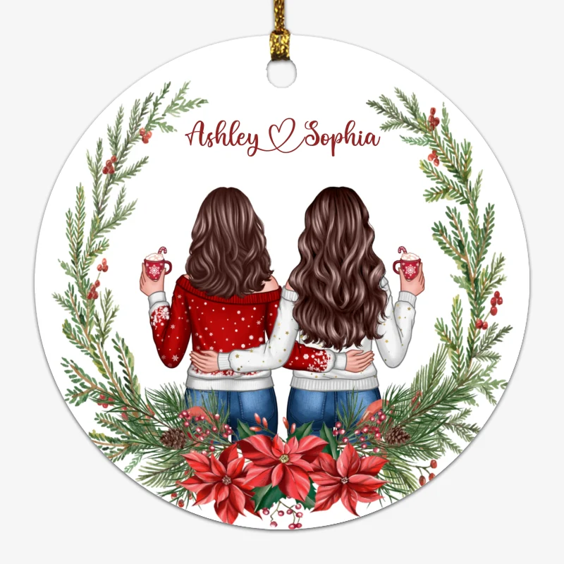 Besties Sisters Friends Back View Christmas Wreath Personalized Circle Ornament - Image 6