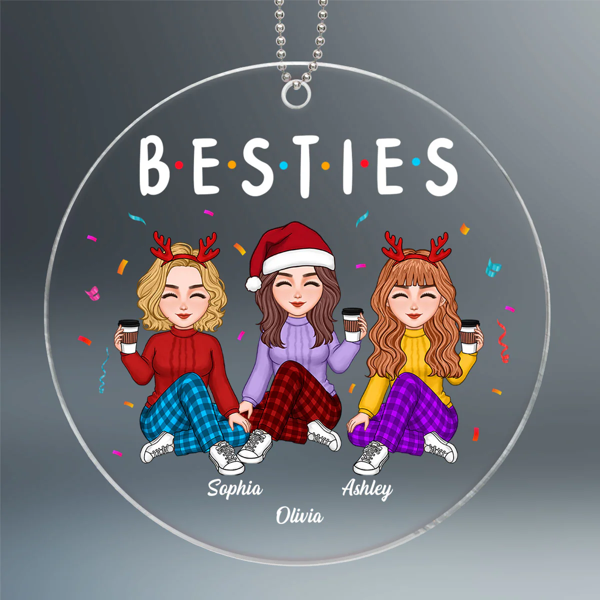 Besties Sisters Friends Sitting Colorful Personalized Acrylic Ornament - Image 2
