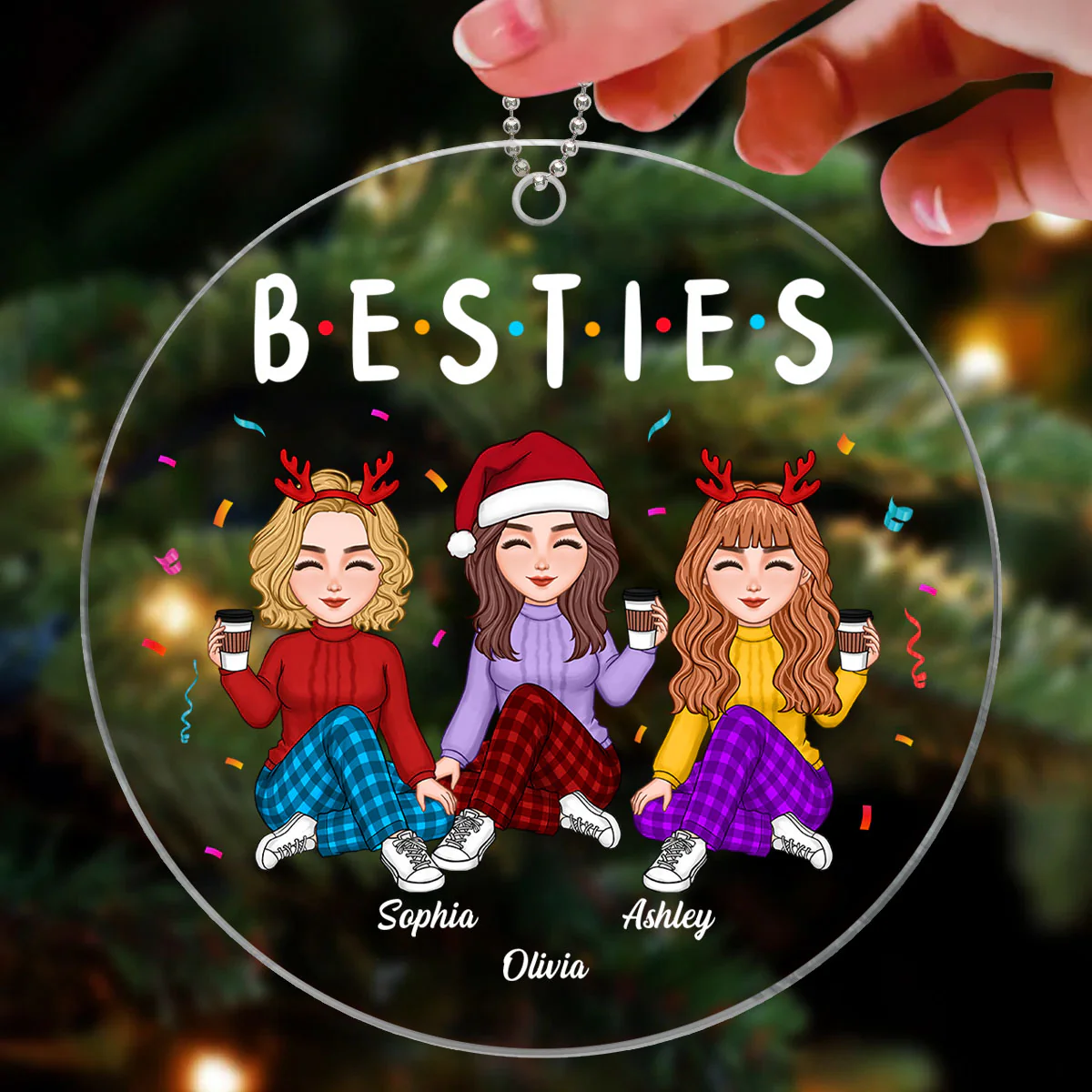 Besties Sisters Friends Sitting Colorful Personalized Acrylic Ornament - Image 3