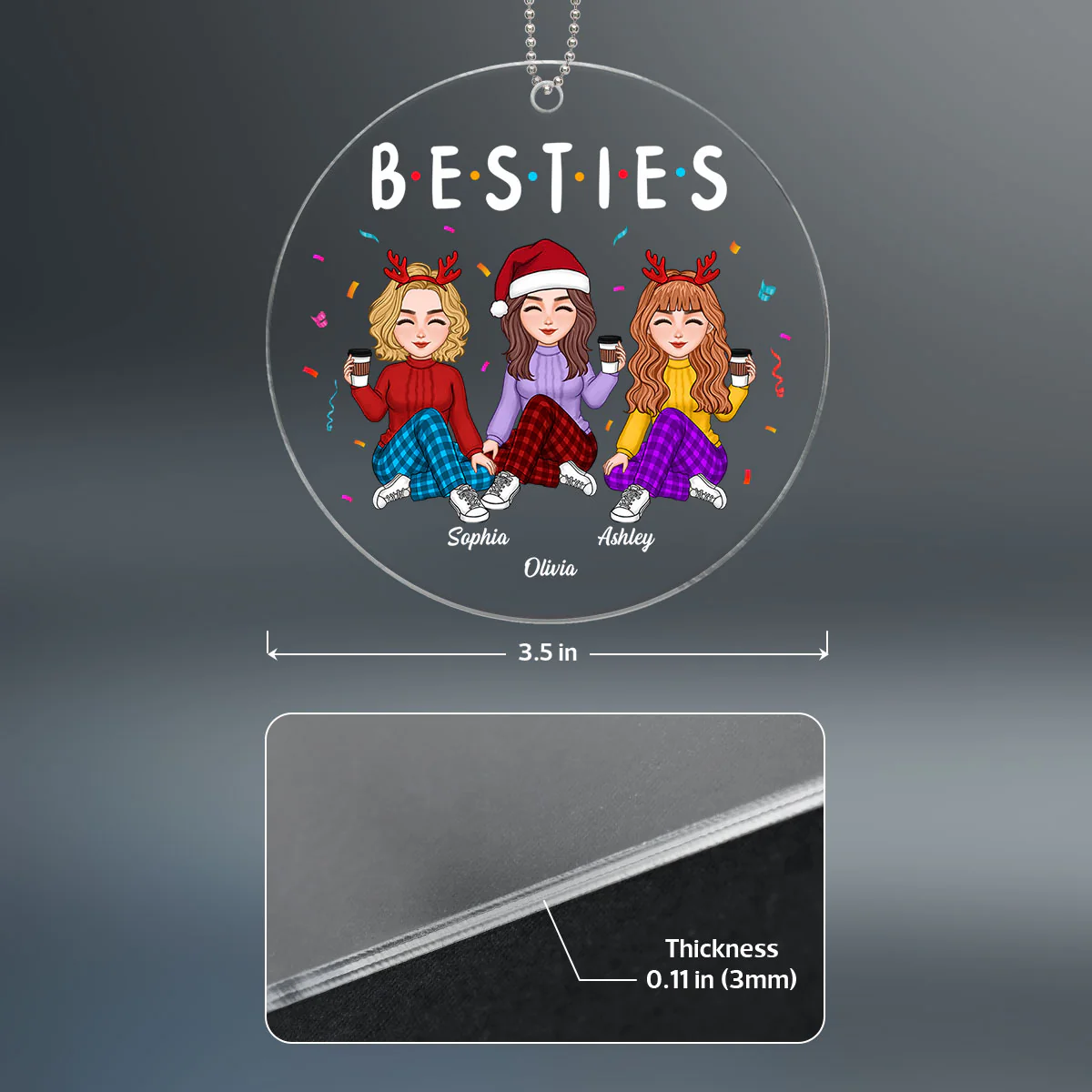 Besties Sisters Friends Sitting Colorful Personalized Acrylic Ornament - Image 4