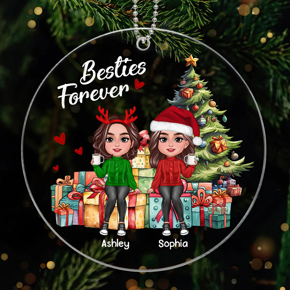 Besties Sisters Friends Sitting On Christmas Gifts Personalized Acrylic Ornament