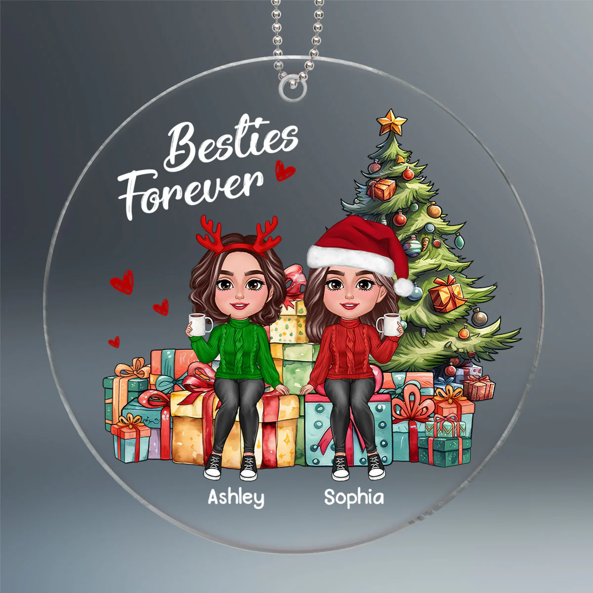 Besties Sisters Friends Sitting On Christmas Gifts Personalized Acrylic Ornament - Image 2
