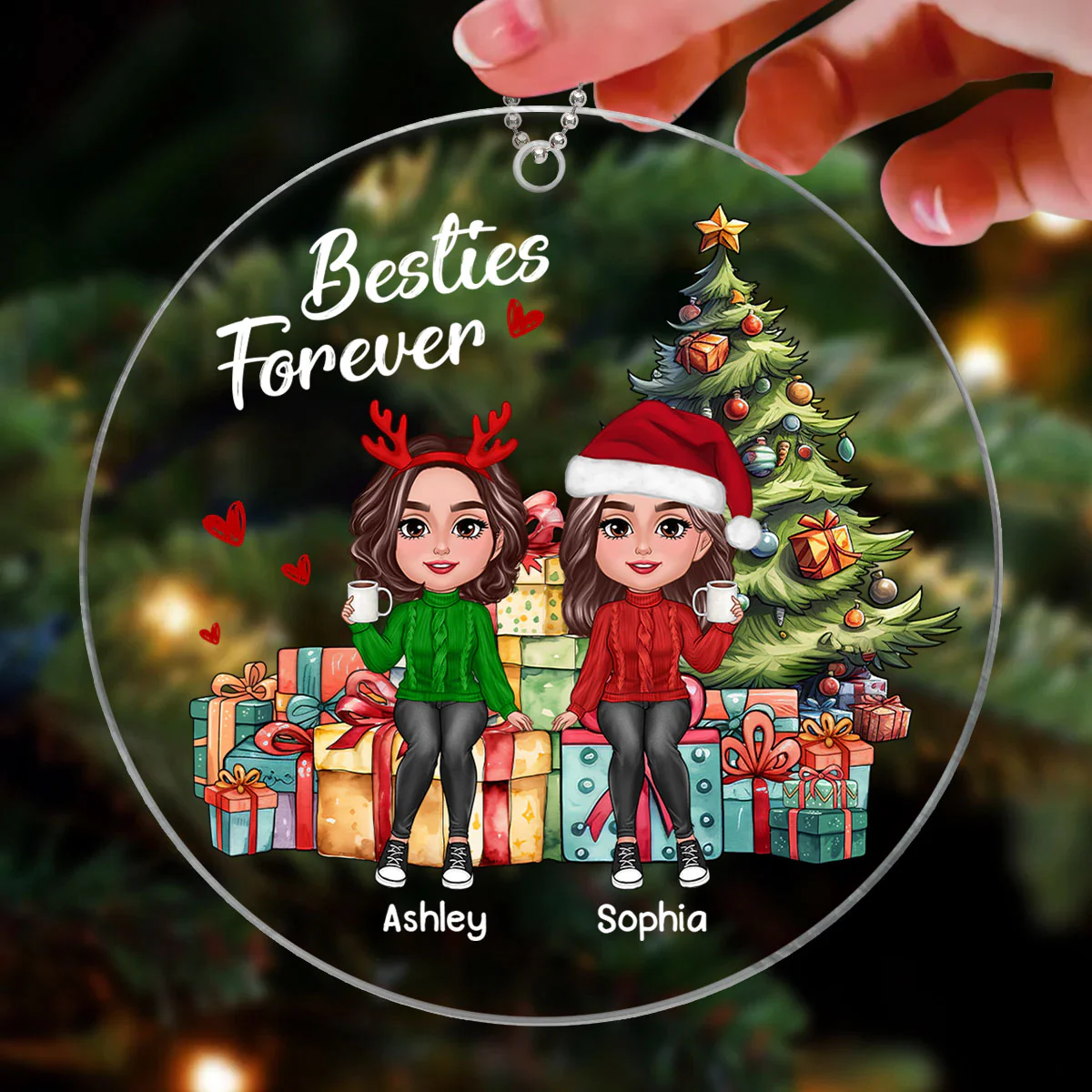 Besties Sisters Friends Sitting On Christmas Gifts Personalized Acrylic Ornament - Image 3