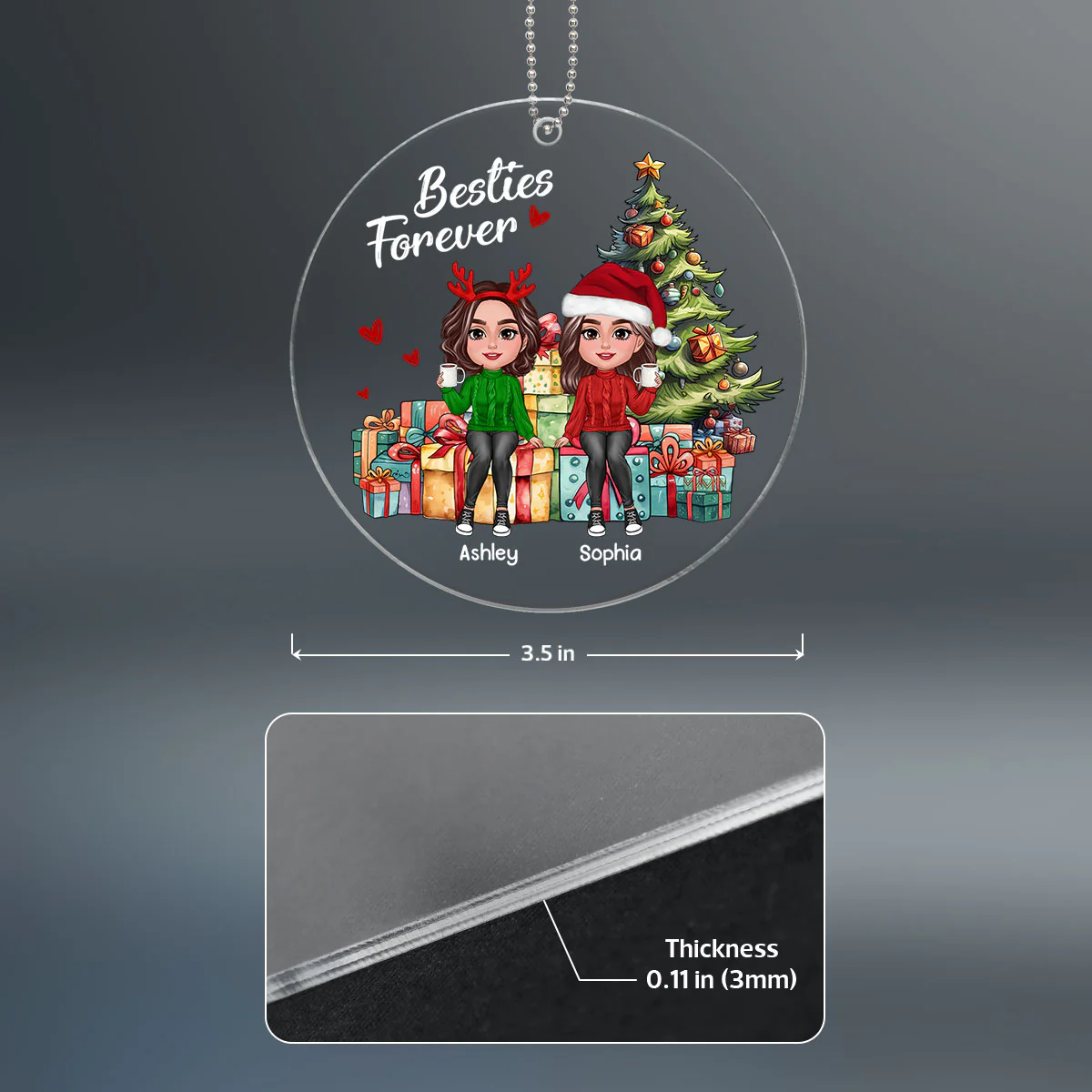 Besties Sisters Friends Sitting On Christmas Gifts Personalized Acrylic Ornament - Image 4