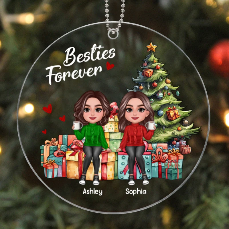 Besties Sisters Friends Sitting On Christmas Gifts Personalized Acrylic Ornament - Image 5