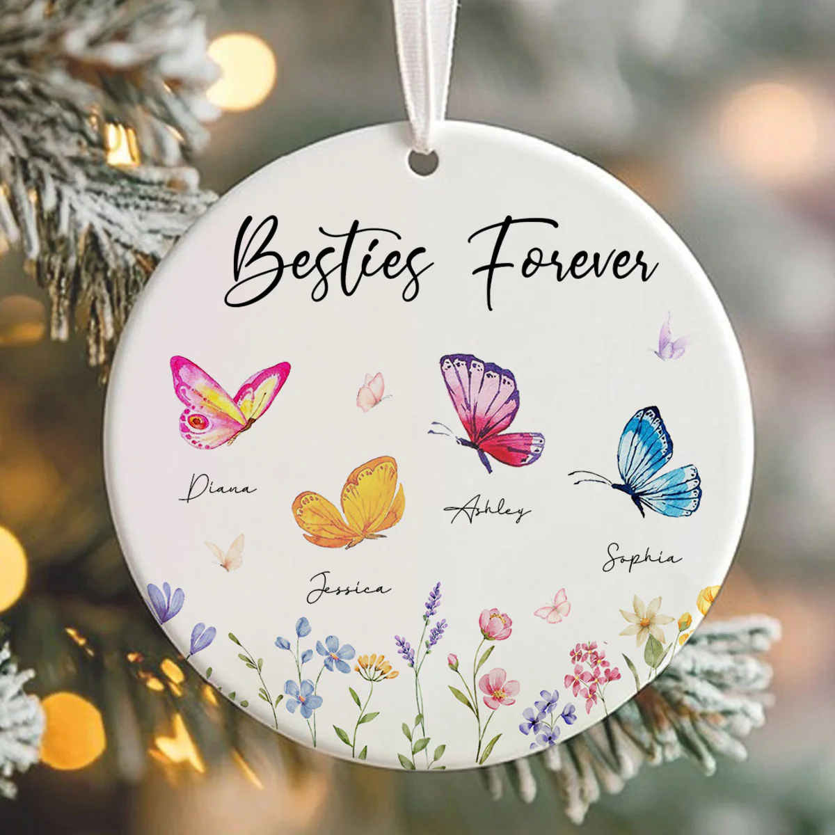 Besties Sisters Grandma Mom Beautiful Butterflies Personalized Circle Ceramic Ornament - Image 3