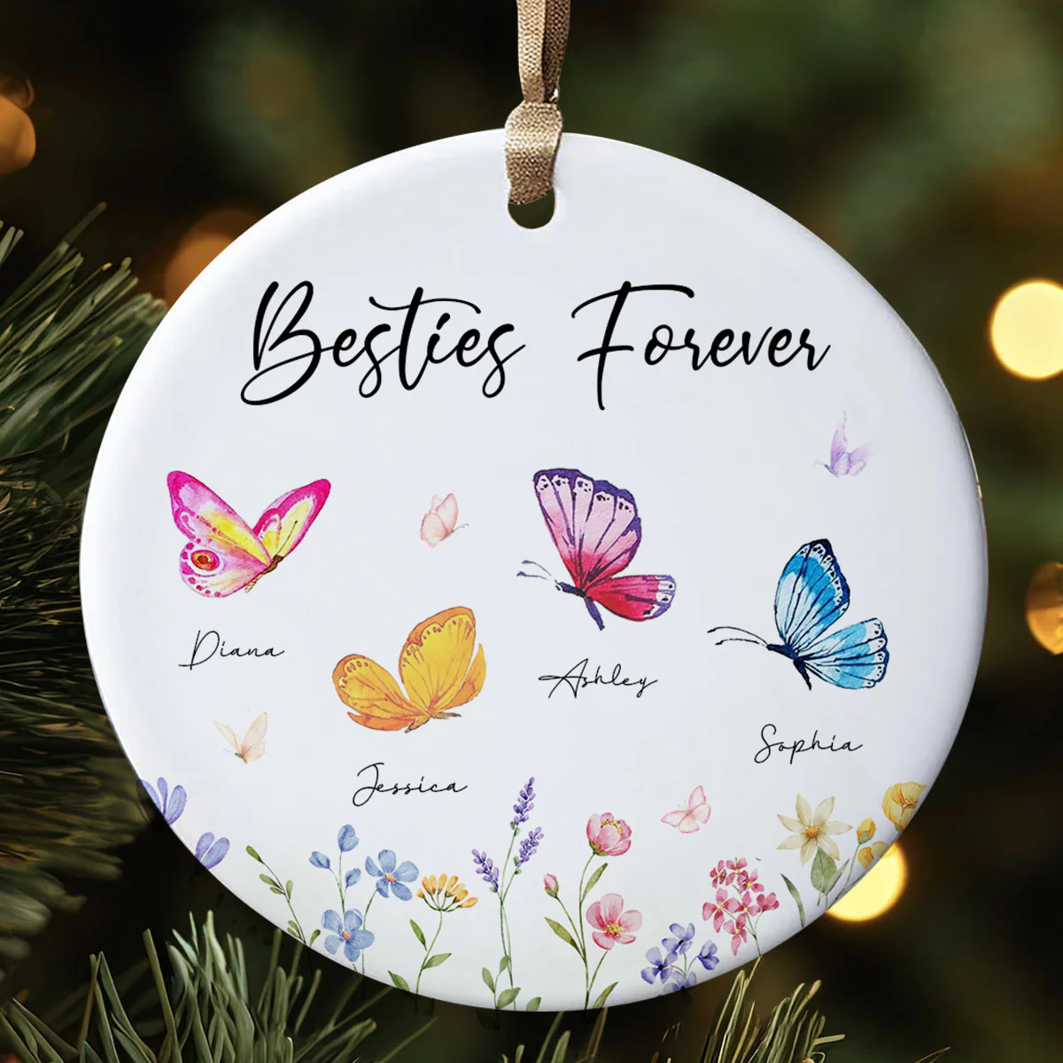 Besties Sisters Grandma Mom Beautiful Butterflies Personalized Circle Ceramic Ornament - Image 4