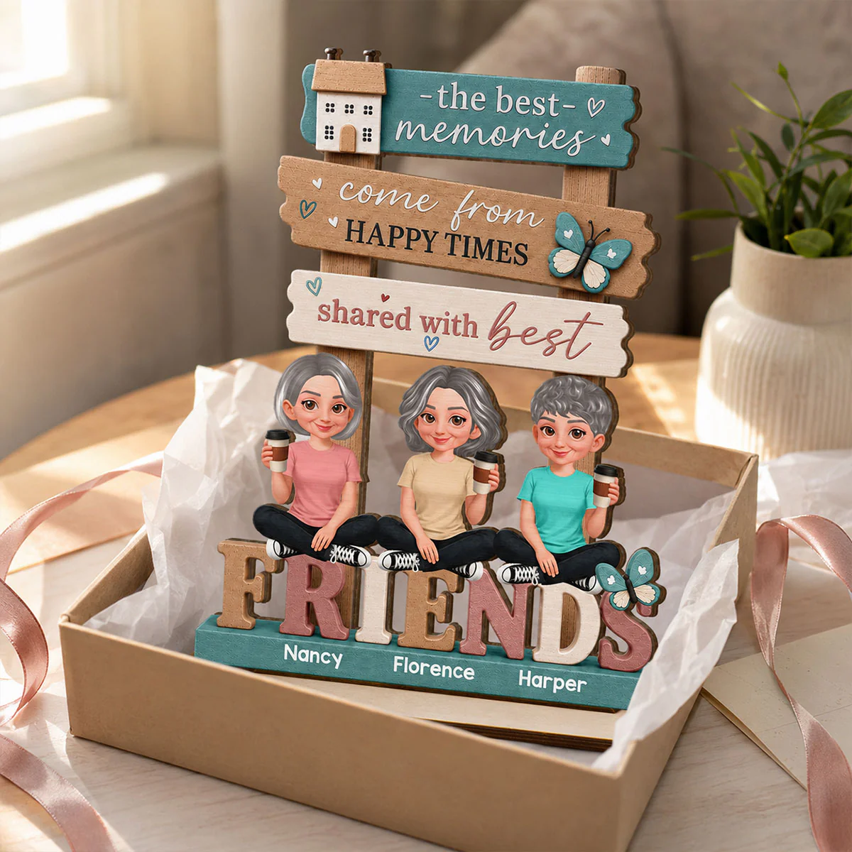 Besties Sisters Happy Time Shared With Best Friends - Personalized Wooden Plaque - Image 3