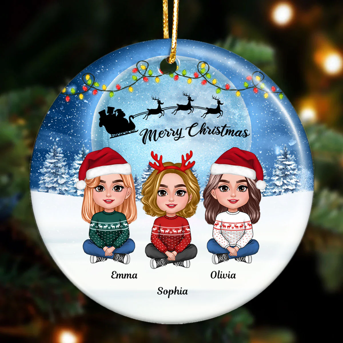 Besties Sisters In Moonlight Snow Christmas Personalized Circle Ornament - Image 2