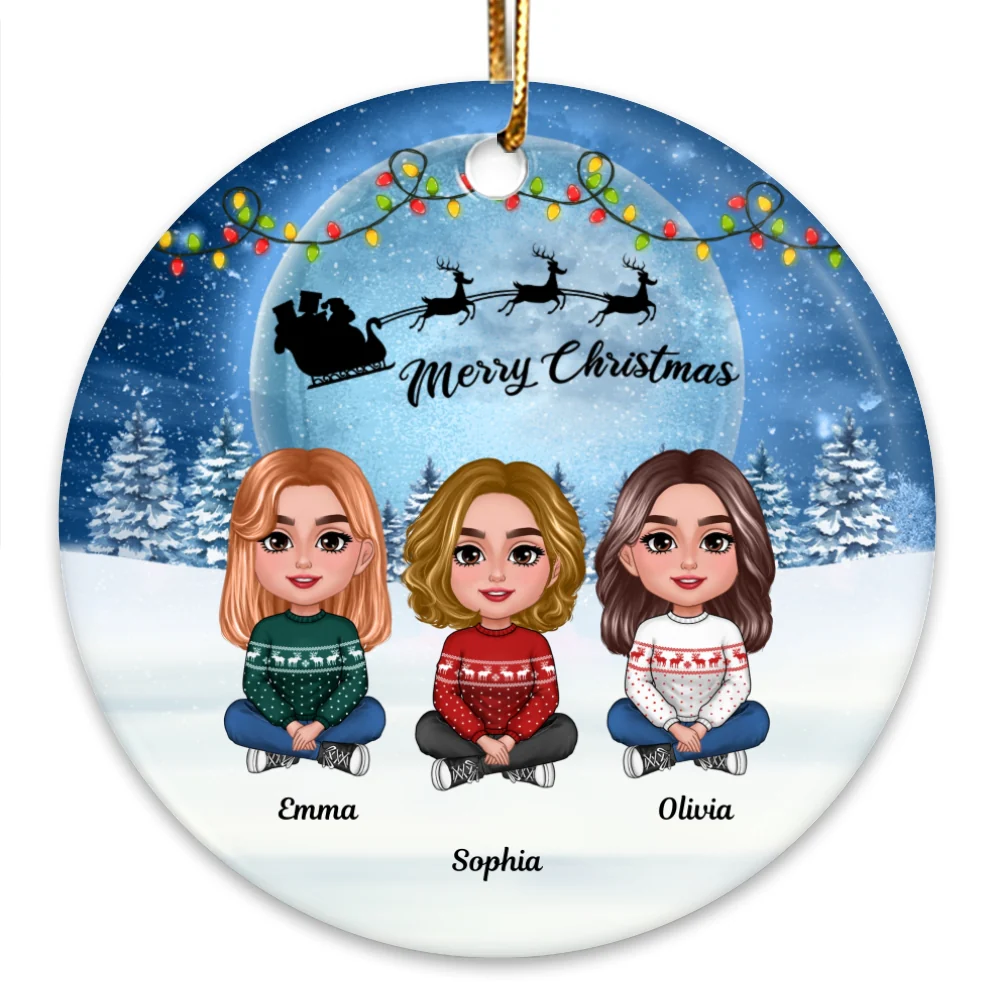 Besties Sisters In Moonlight Snow Christmas Personalized Circle Ornament - Image 6