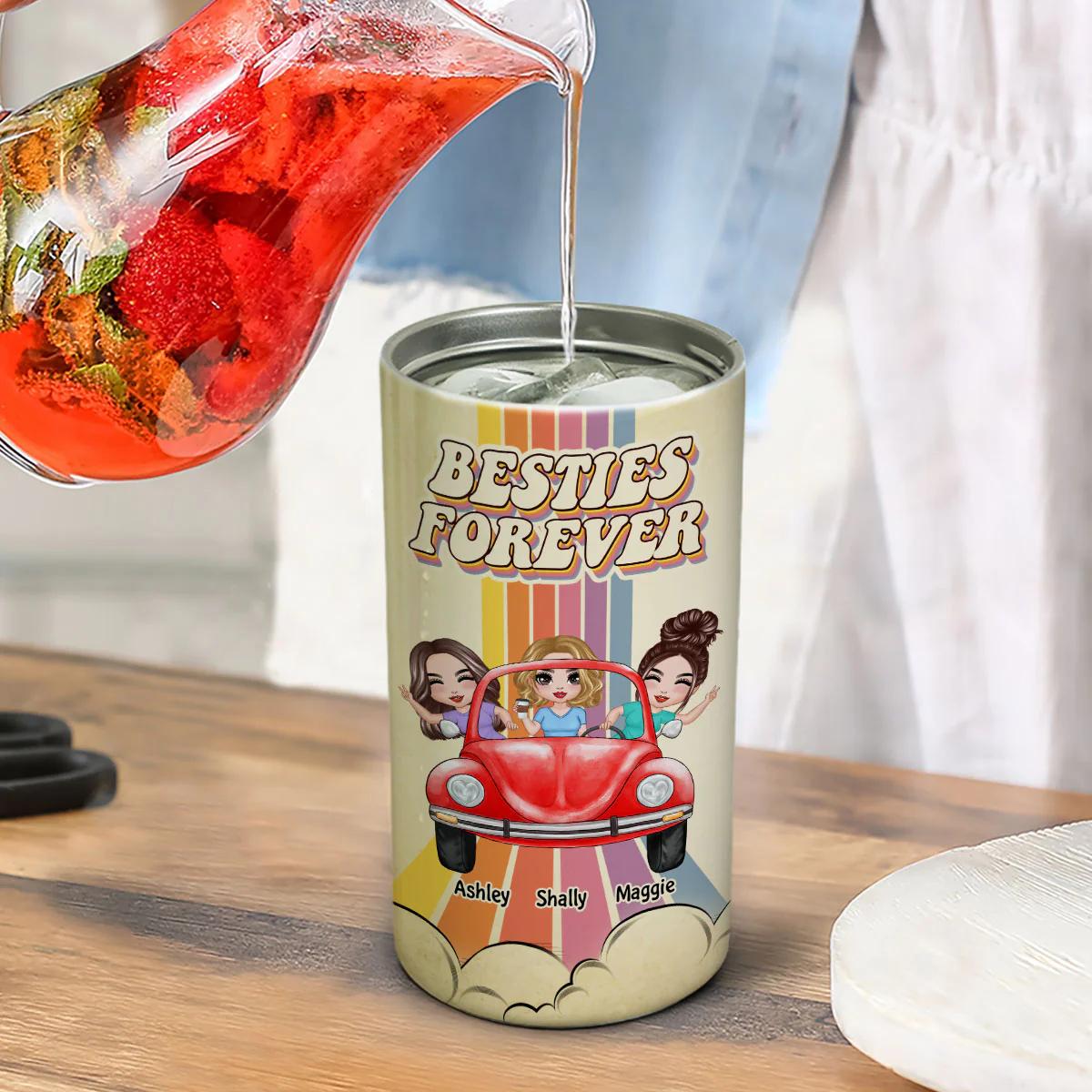 Besties Sisters On Car Colorful Stripe Personalized 4 In 1 Can Cooler - Image 4