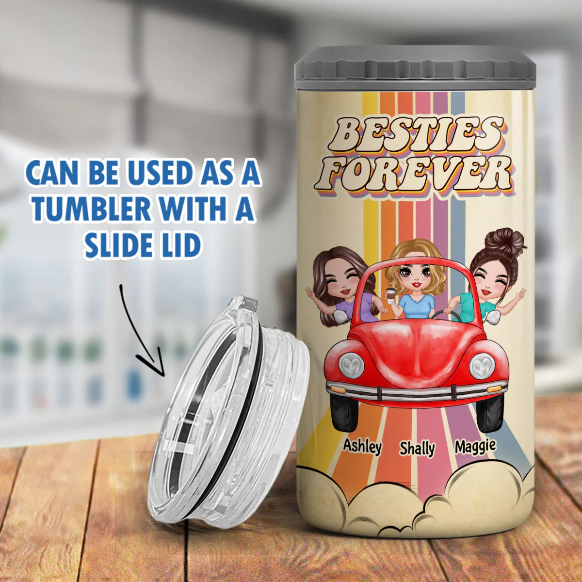 Besties Sisters On Car Colorful Stripe Personalized 4 In 1 Can Cooler - Image 7
