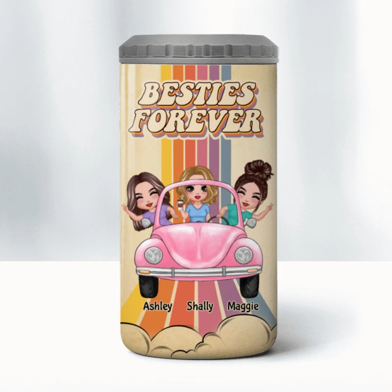 Besties Sisters On Car Colorful Stripe Personalized 4 In 1 Can Cooler - Image 8