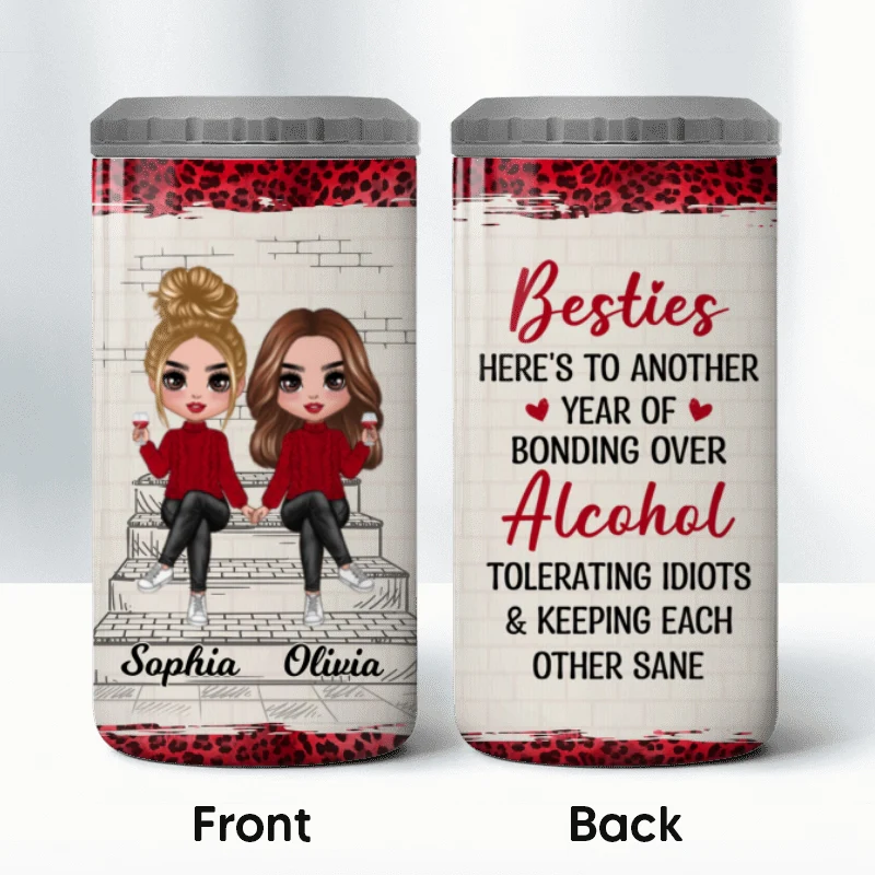 Besties Sisters Outline Stair Leopard Personalized 4 In 1 Can Cooler - Image 10