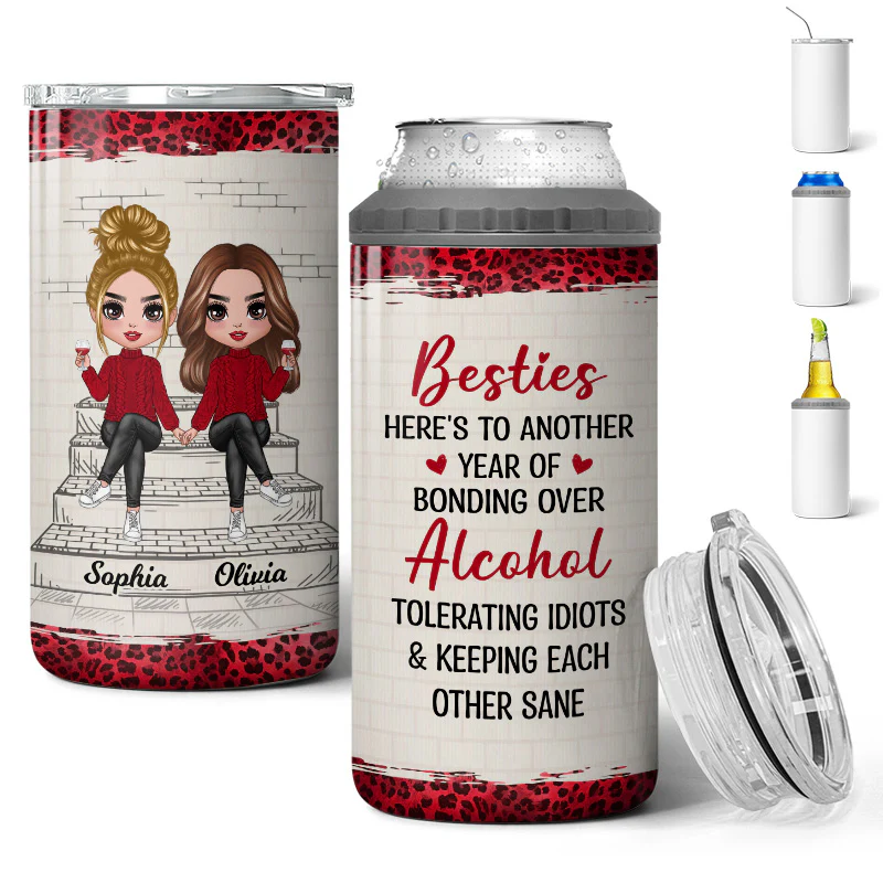 Besties Sisters Outline Stair Leopard Personalized 4 In 1 Can Cooler - Image 2