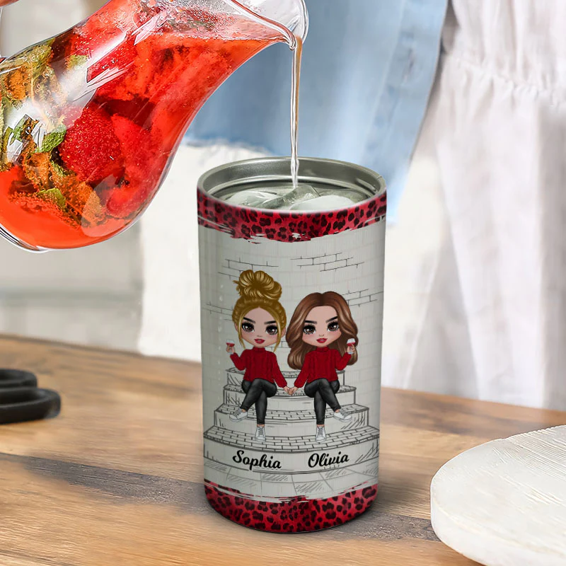 Besties Sisters Outline Stair Leopard Personalized 4 In 1 Can Cooler - Image 6
