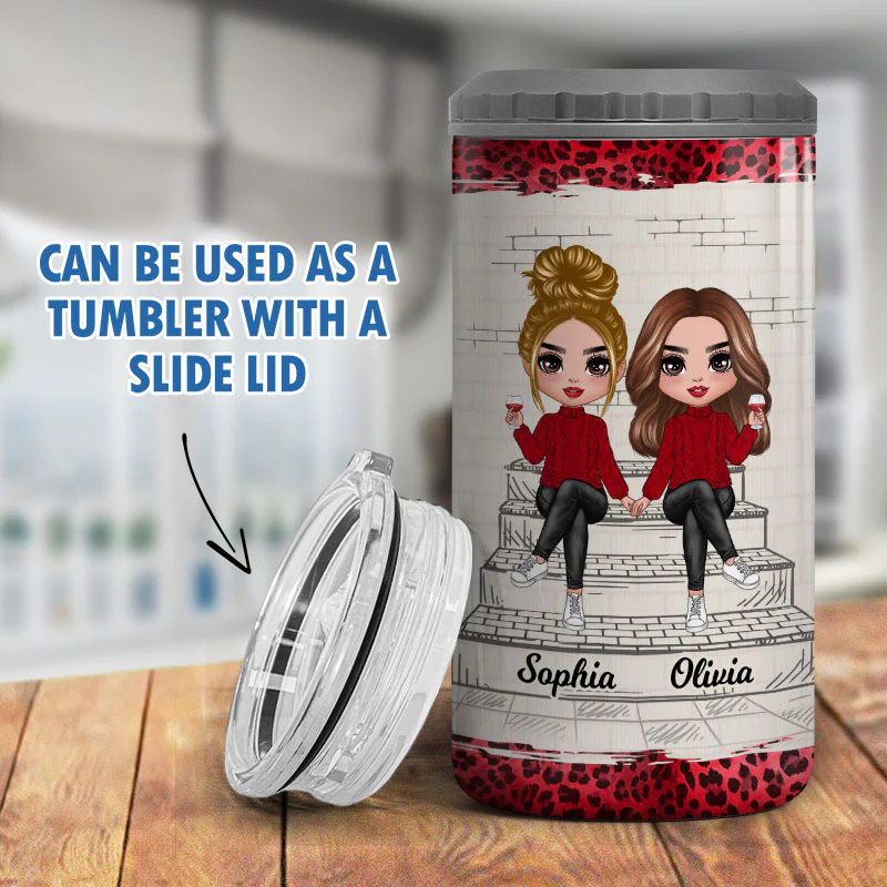 Besties Sisters Outline Stair Leopard Personalized 4 In 1 Can Cooler - Image 9